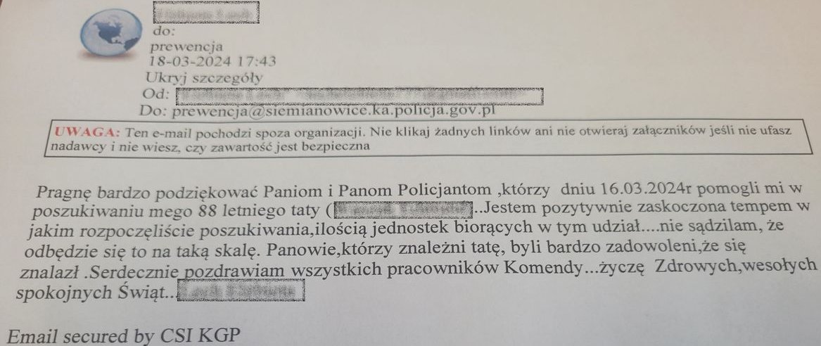 na zdjęcie mail z treścią podziękowań