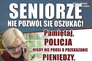na zdjęciu plakat z napisem seniorze nie daj się oszukać, policja nigdy nie prosi o pieniądze, kobieta trzymająca słuchawkę telefonu