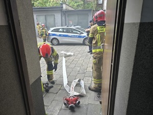 na zdjeciu strażacy rozwijają wąż