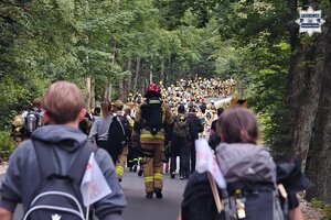 Na zdjęciu widoczna jest grupa maszerujących ścieżką strażaków.