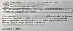 Zdjęcie przedstawia treść podziękowania: &quot;Podziękowanie dla z II Komisariatu Policji w Sosnowcu za pomoc w odnalezieniu syna zaginionego. Obaj panowie policjanci wykazali się profesjonalizmem zaangażowaniem i dużą empatią, za co jestem im ogromnie wdzięczna. Życzę im dalszych sukcesów w pracy zawodowej.&quot;