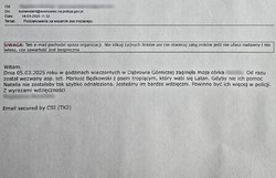 Zdjęcie przedstawia treść podziękowania: &quot;Witam.
Dnia 05.03.2025 roku w godzinach wieczornych w Dąbrowie Górniczej zaginęła moja córka. Od razu został wezwany asp. szt. Mariusz Będkowski z psem tropiącym, który wabi się Latan. Gdyby nie ich pomoc Natalia nie zostałaby tak szybko odnaleziona. Jesteśmy im bardzo wdzięczni. Powinno być ich więcej w policji.
Z wyrazami wdzięczności&quot;