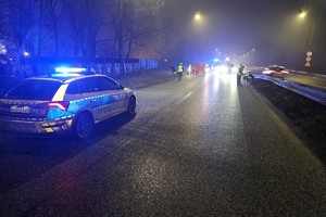 Zdjęcie przedstawia miejsce wypadku oraz oznakowany policyjny radiowóz.