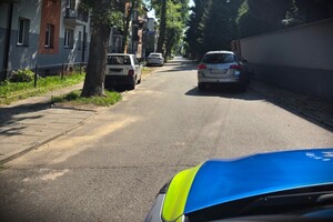 Zdjęcie przedstawia srebrny samochód, który uderzył w ogrodzenie. Na zdjęciu znajduje się również droga, przy której znajdują się zaparkowane samochody.