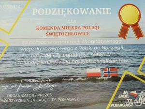 podziękowanie od prezesa akcji dla komendy miejskiej policji w świętochłowicach