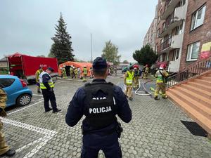 zdjęcie przedstawia policjanta zabezpieczającego teren