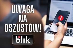 grafika z napisem uwaga na oszustów