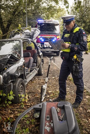 zdjęcie przedstawia policjantów wykonujących oględziny miejsca wypadku