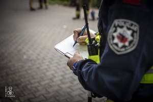 zdjęcie przedstawia policjantów wykonujących oględziny miejsca wypadku