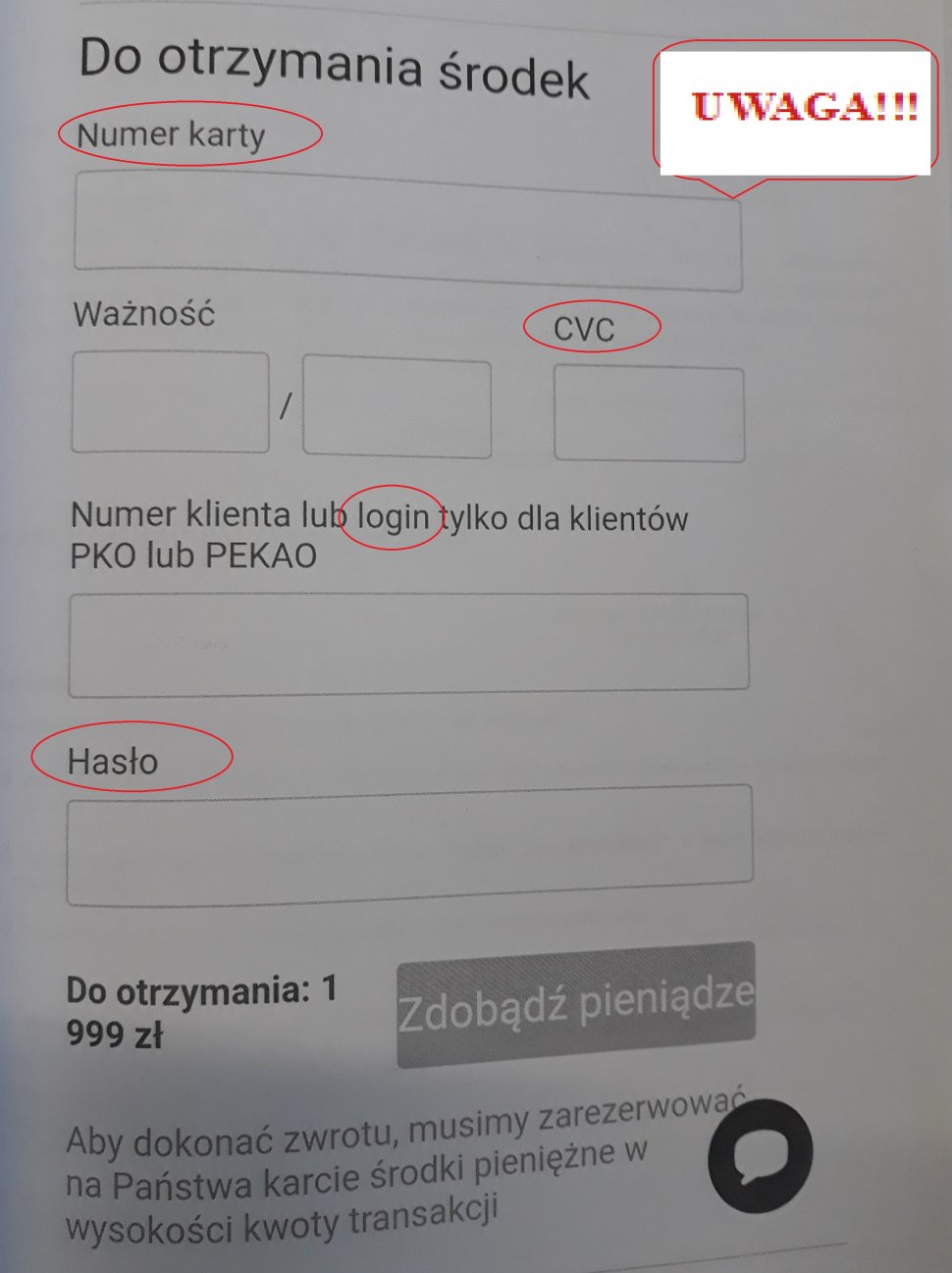 Fotografia przedstawia fałszywy formularz, w którym sprzedający dany przedmiot, ma podać numer karty, CCV, login i hasło do konta. 