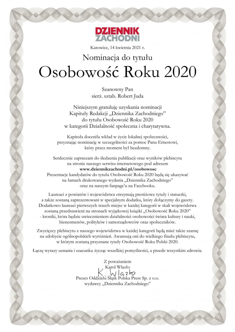 Zdjęcie przedstawia nominację do tytułu Osobowości Roku 2020