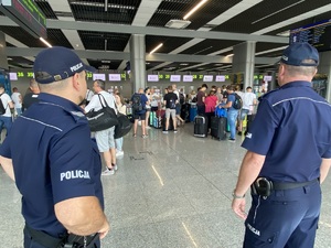 policjanci obserwujący podróżujących w terminalu lotniska
