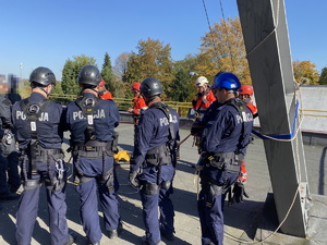 Policjanci podczas szkolenia z ratownikami CSRG. Policjanci umundurowani stojący tyłem do obiektywu. Policjanci w kaskach ochronnych. W tle ratownicy ubrani na pomarańczowo.