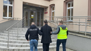na zdjęciu policjanci prowadzą zatrzymanego do budynku prokuratury