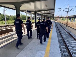 na zdjęciu policjanci i funkcjonariusze straży ochrony kolei na peronie kolejowym w trakcie patrolu