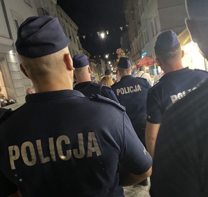 na zdjęciu kilku policjantów tyłem, w trakcie przejścia przez jedną z ulic miasta