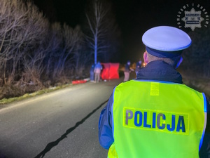 na zdjęciu policjant na jezdni, przed nim czerwony parawan i inne osoby