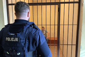 na zdjęciu policjant przed celą, w której siedzi zatrzymany