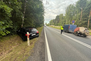 na zdjęciu pojazd w rowie, obok policjant na jezdni i inny pojazd