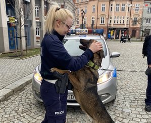 na zdjęciu policjantka z psem przy radiowozie