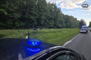 na zdjęciu radiowozy na jezdni i pojazd na terenie zielonym