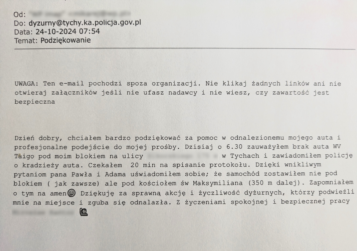 Widomość e-mail z podziękowaniem za odnalezienie samochodu