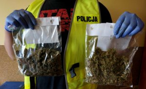 Na zdjęciu widoczny nieumundurowany policjant w kamizelce odblaskowej, który trzyma w rękach dwa worki strunowe z marihuaną.
