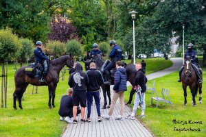 Policjanci na koniach wykonują czynności wobec geupy osób.