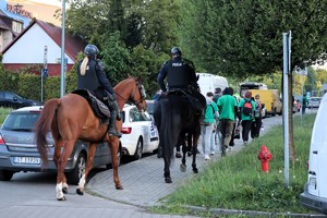 Na zdjęciu policjanci na koniach podczas patrolowania ulicy