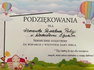 podziękowanie dla Komendy Powiatowej Policji w Wodzisławiu Śląskim za pomoc w zbiórce słodyczy dla chorych dzieci