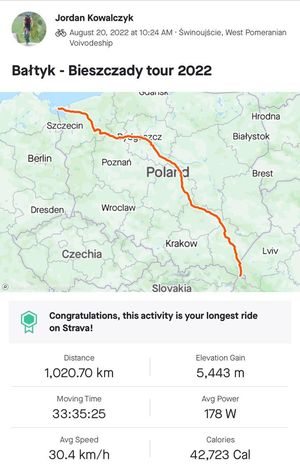 Zdjęcie przedstawia trasę ultramaratonu kolarskiego Bałtyk - Bieszczady Tour 1008