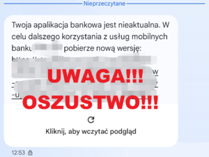 Infografika przykładowy SMS z fałszywym linkiem który wysyłają oszuści i duży napis uwaga oszustwo.