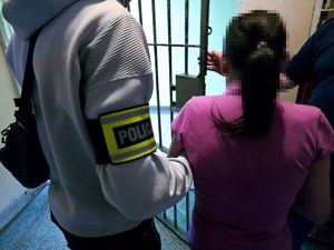 na zdjęciu policjant prowadzi zatrzymaną