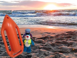 Mała maskotka śląskiej Policji "Sznupek" oraz bojka do nauki pływania. W tle znajduje się plaża oraz morze wraz z zachodzącym słońcem.