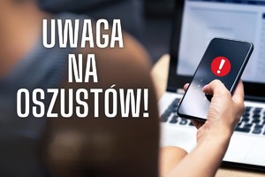 grafika z napisem uwaga na  oszustów