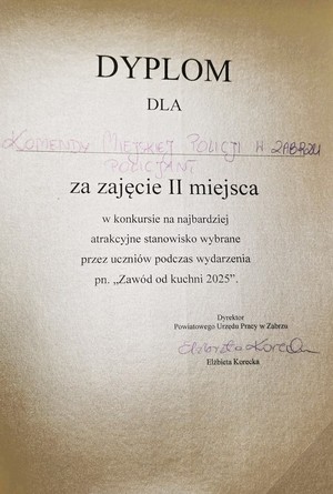 dyplom za zajęcie 2 miejsca w konkursie na najlepsze stoisko podczas wydarzenia zawód od kuchni