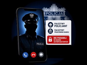 info grafika z treścią fałszywy policjant, fałszywy pracownik banku nie podawaj kodów autoryzacyjnych