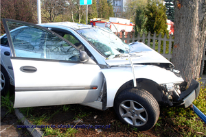 Rozbity na drzewie samochód marki Renault Laguna