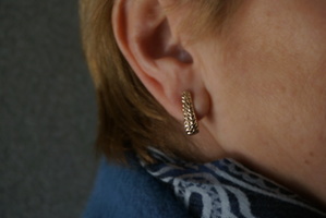 Na zdjęciu widoczny złoty kolczyk w uchu.