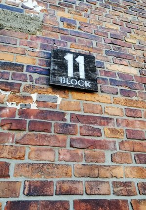 Wizyta w miejscu pamięci Auschwitz. Widoczna ściana budynku z tabliczką, na której widnieje napis: Block 11.
