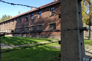 Wizyta w miejscu pamięci Auschwitz. Na zdjęciu widoczne ogrodzenie z drutu kolczastego. W tle budynek.
