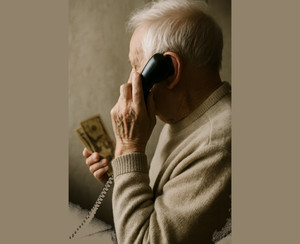 Na zdjęciu widoczny starszy mężczyzna, który rozmawia przez telefon. W ręce trzyma banknoty.
