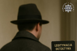 Na zdjęciu widoczny z tyłu mężczyzna w kapeluszu. W prawym dolnym rogu częściowo widoczna Legitymacja detektywistyczna.