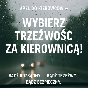 Apel do kierowców - wybierz trzeźwość za kierownicą! Bądź rozsądny! Bądź trzeźwy! Bądź bezpieczny!