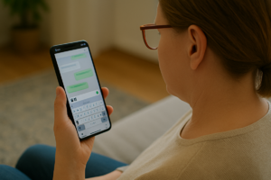 Na zdjęciu widoczna kobieta trzymająca w ręku telefon komórkowy. Zdjęcie: AI.
