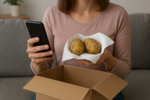 Na zdjęciu widoczna częściowo kobieta trzymająca w jednej ręce telefon komórkowy, a w drugiej ziemniaki w papierowym ręczniku. Przed nią stoi tekturowe pudełko. Zdjęcie: AI.