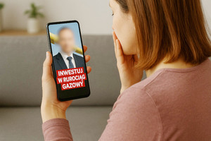 Na zdjęciu widoczna kobieta ze smartfonem w ręce, na którym widoczny jest mężczyzna w garniturze oraz napis: Inwestuj w rurociąg gazowy. Zdjęcie: AI.