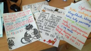 Ogłoszenia wykonane przez uczniów klasy II A z apelem o pomoc w znalezieniu domów dla porzuconych kotów