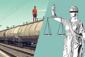 Na grafice widać torowisko, dworzec, mężczyznę na cysternie oraz na Temidę jako wyraz sprawiedliwości.