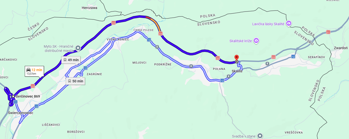 Mapa zamkniętego odcinka autostrady D3 Svrčinovec Skalité